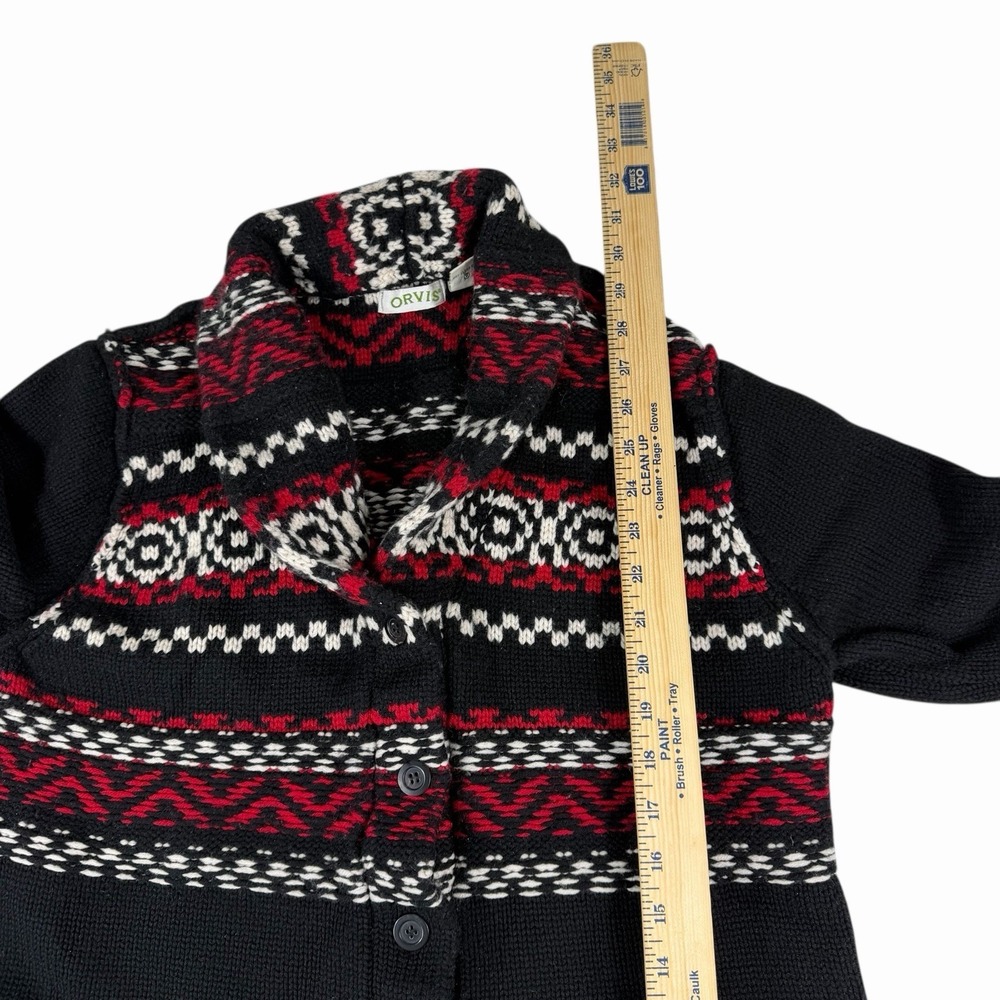 Orvis Women's Cardigan Sweater Wool Cashmere Button Front Black Red Nordic Sz Lg - Picture 6 of 8